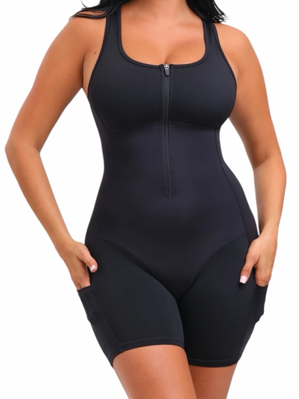 She's Waisted Black Full-Body SaunaSculpt Compression Zipper Romper XL